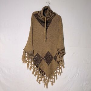 Unique Intl Tan Wool Blend Knit Turtleneck Poncho With Fringe